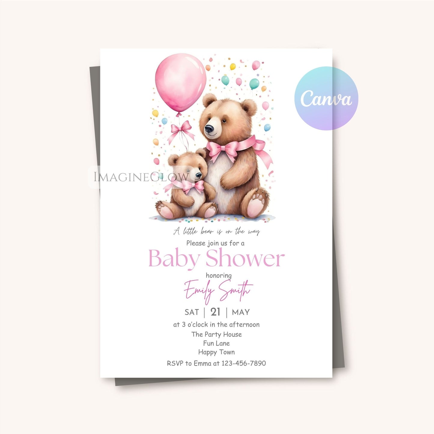 editable pink bear baby shower invite