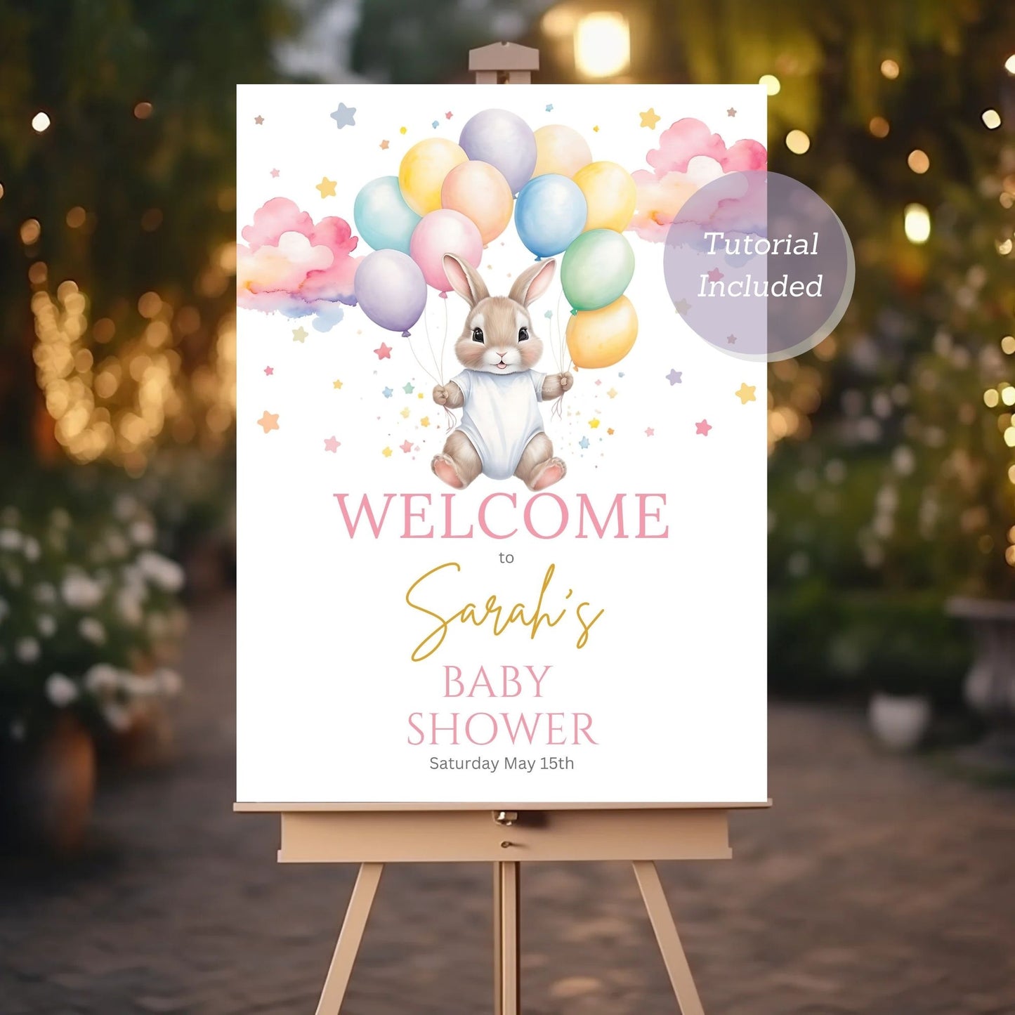 Balloon and bunny design baby girl party sign.