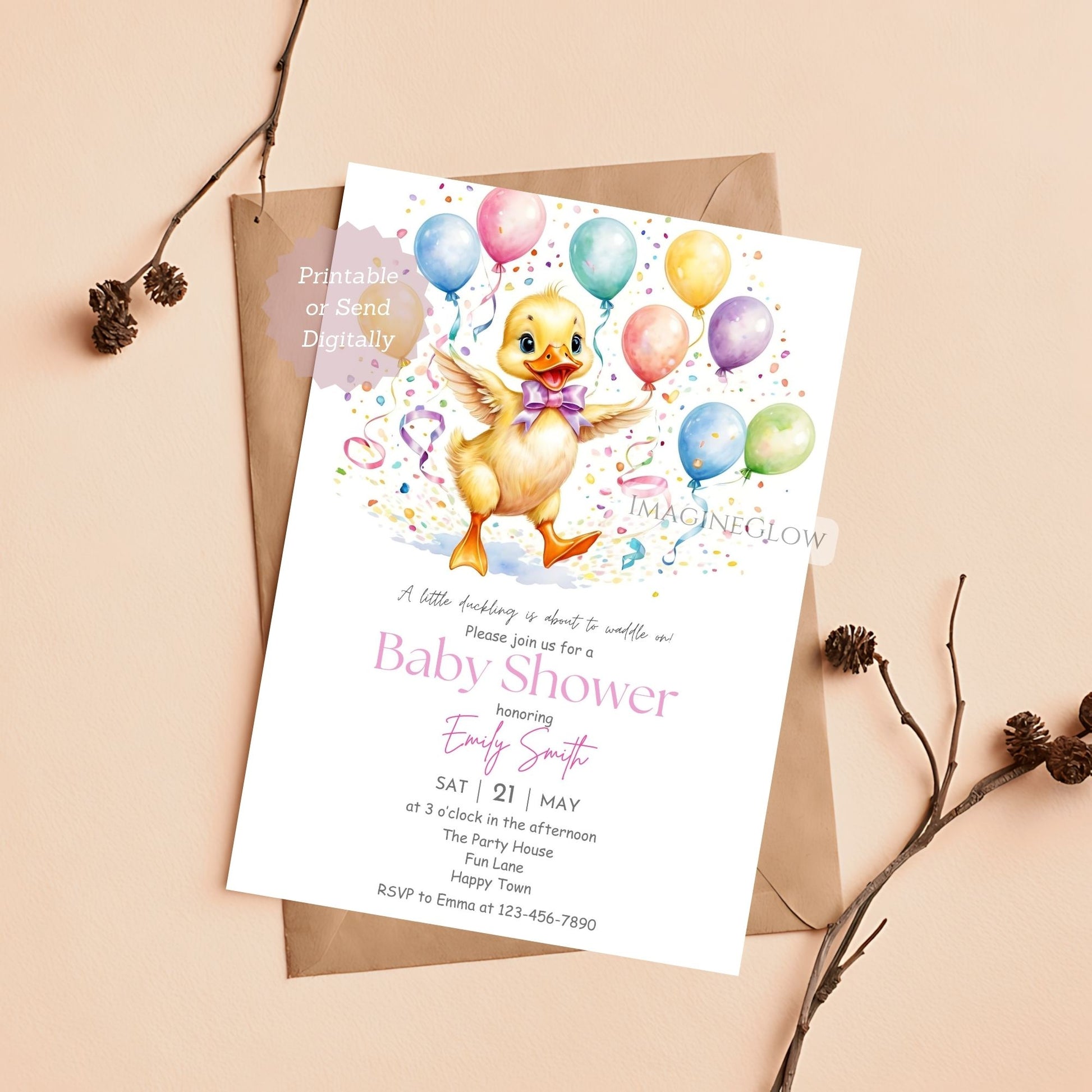 printable duckling baby girl shower invitation