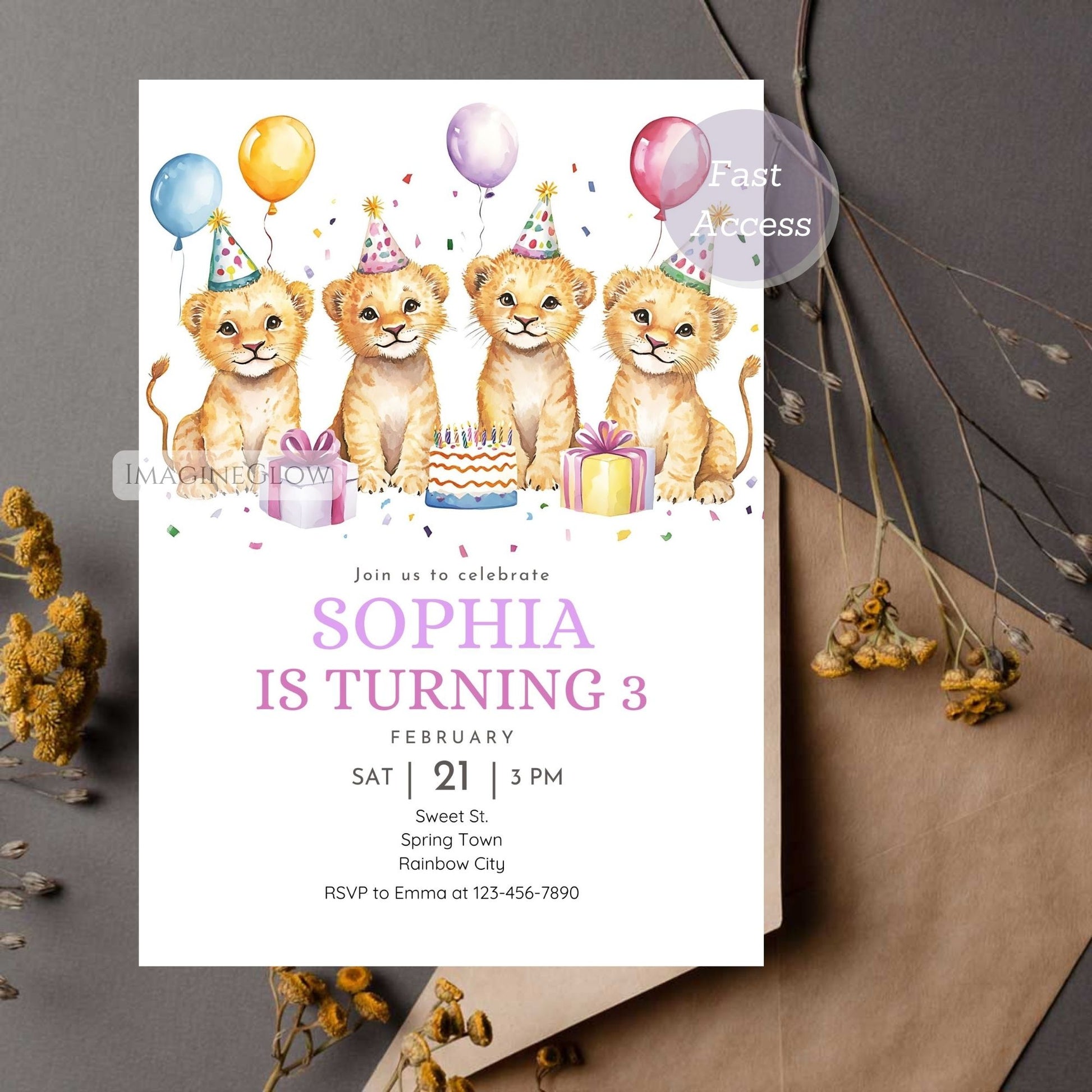 Cute Lion Cub Party Invite - Editable & Printable
