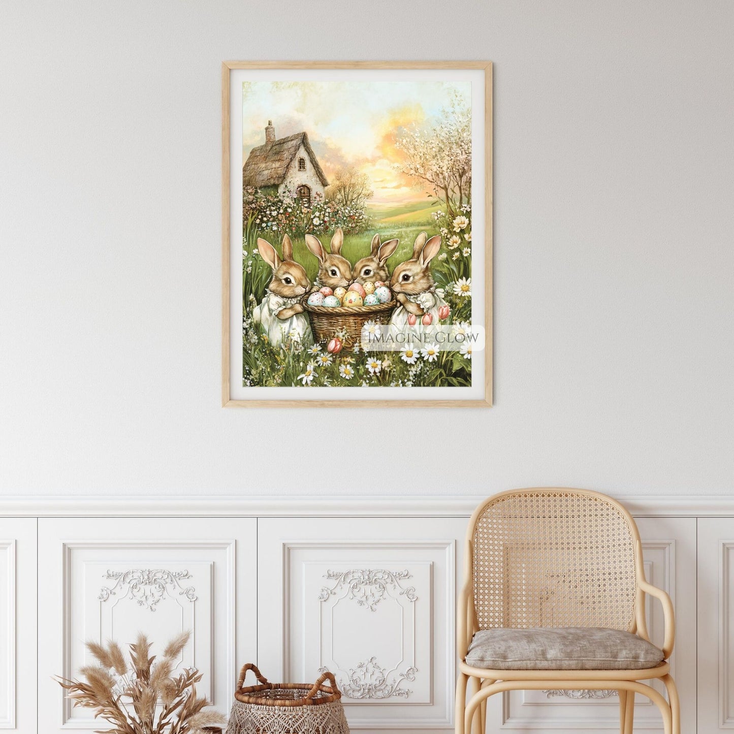Spring meadow with baby rabbits and cottage wall art.
