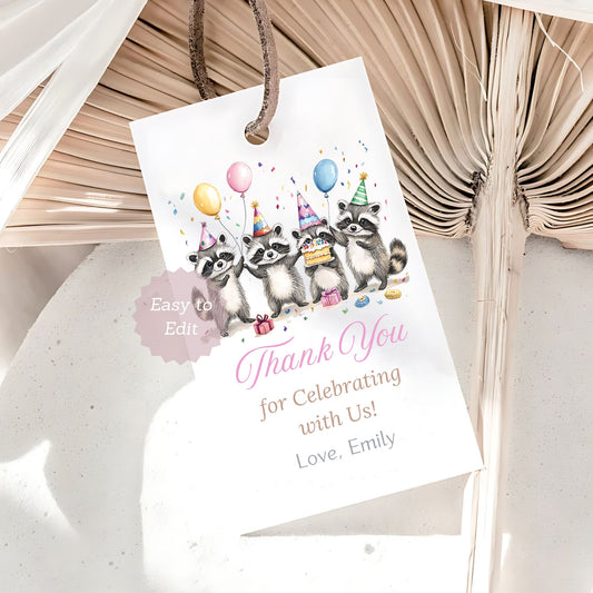 raccoon favor tags printable digital
editable raccoon birthday party favor tag