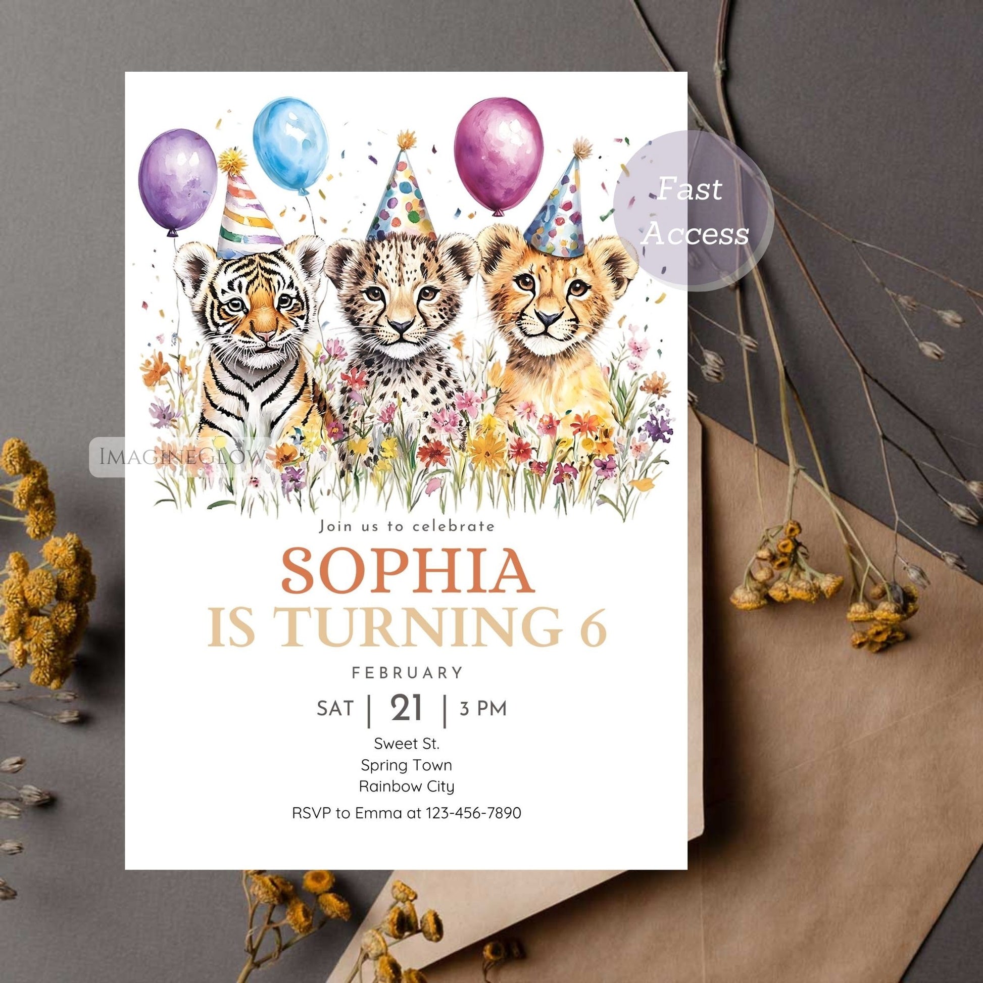Baby lion leopard tiger birthday invitation