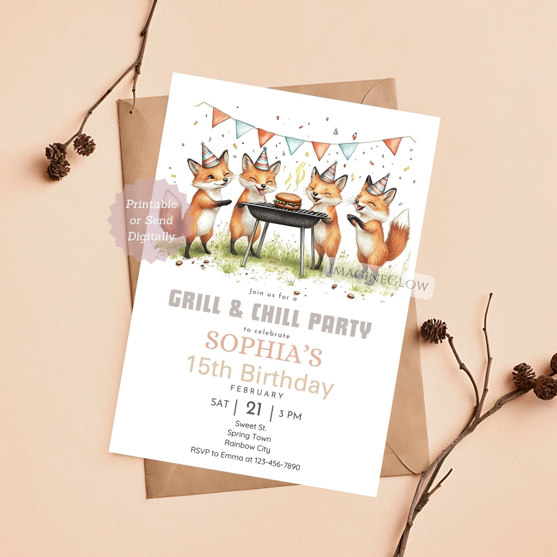 Fox BBQ birthday invitation with grill and chill theme