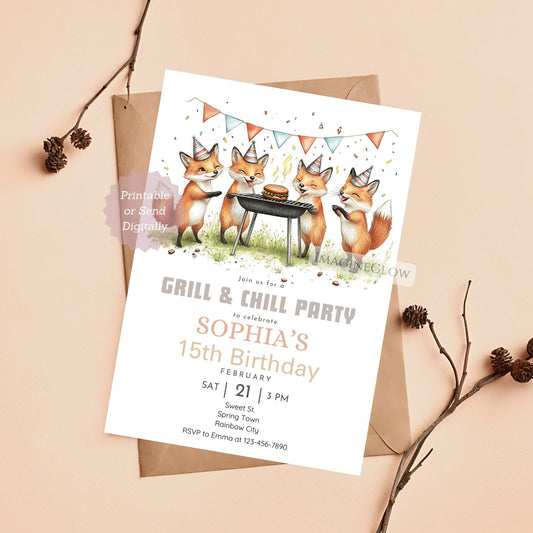 Fox BBQ birthday invitation with grill and chill theme