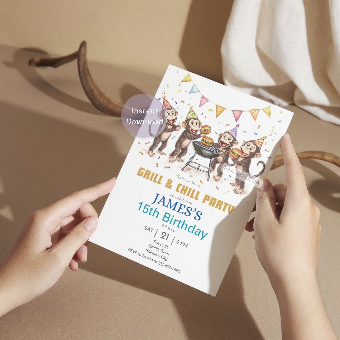 Four monkeys BBQ birthday invitation with grill theme