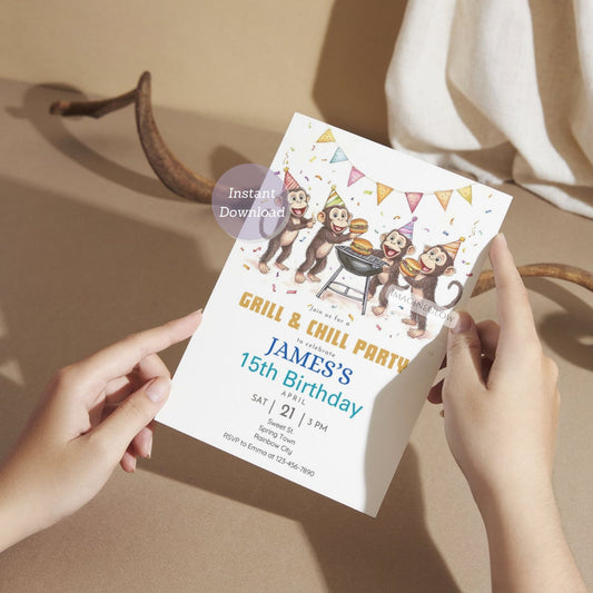 Four monkeys BBQ birthday invitation with grill theme