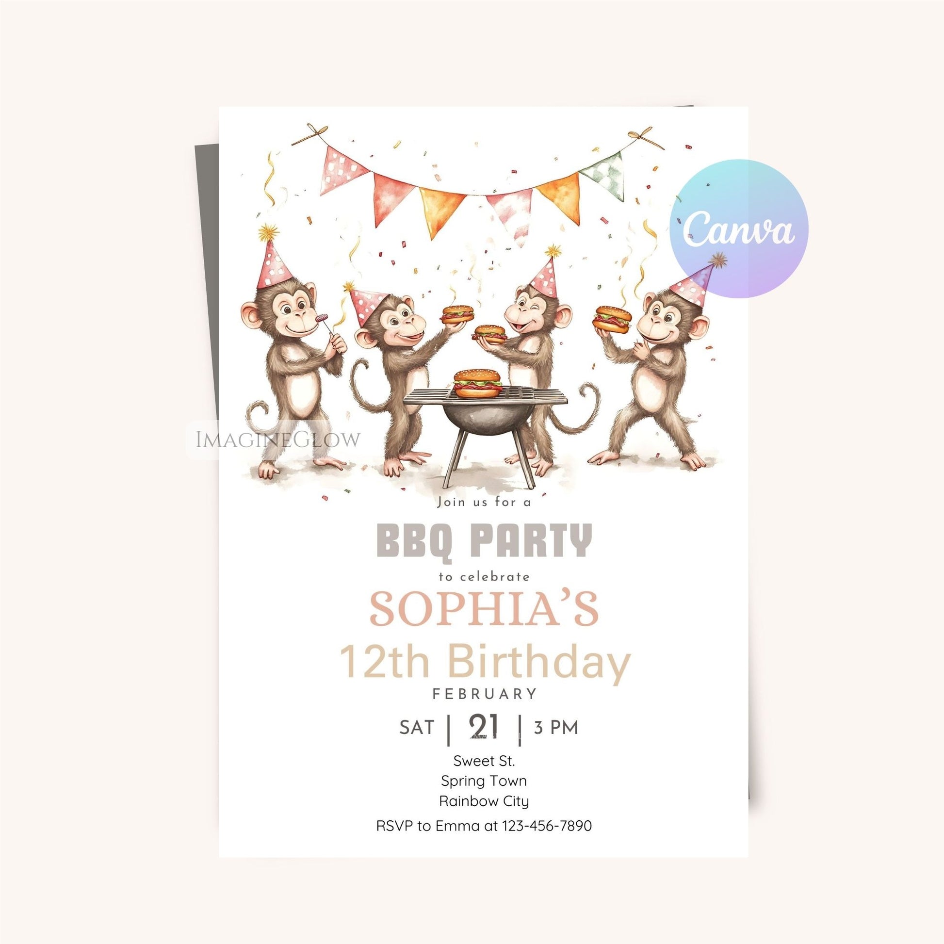 Digital download BBQ invitation featuring four playful monkeys