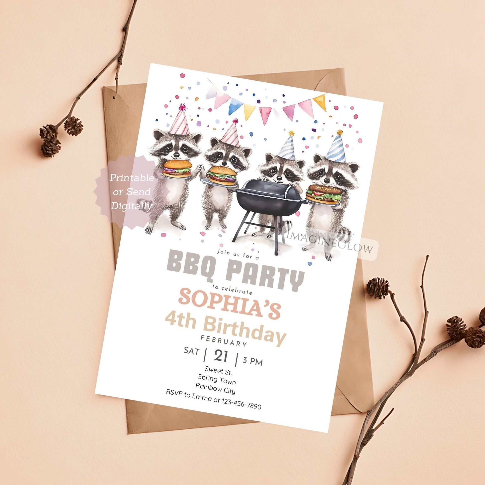 Raccoon BBQ Birthday Invitation with a woodland cookout theme.