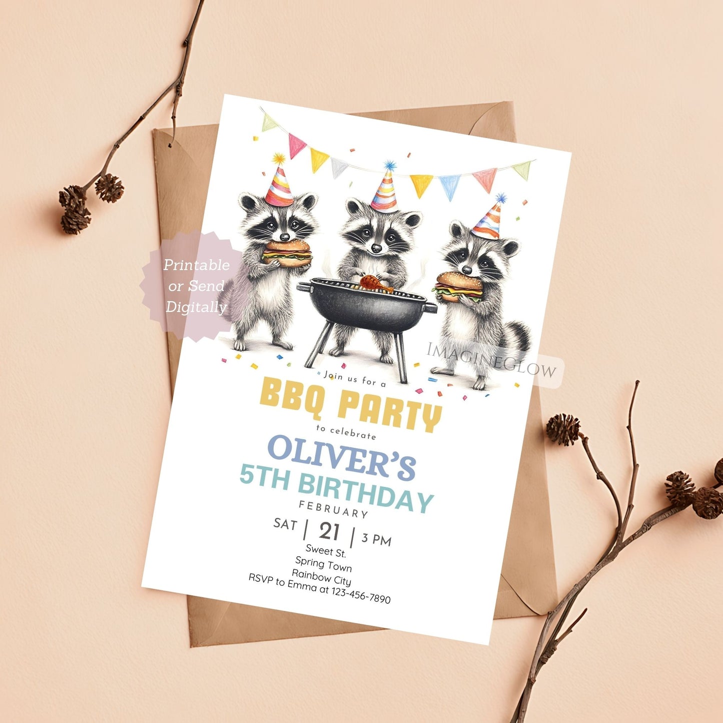 Cute raccoon grilling food on a BBQ birthday invite.