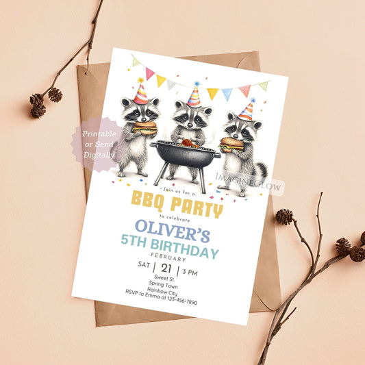 Cute raccoon grilling food on a BBQ birthday invite.