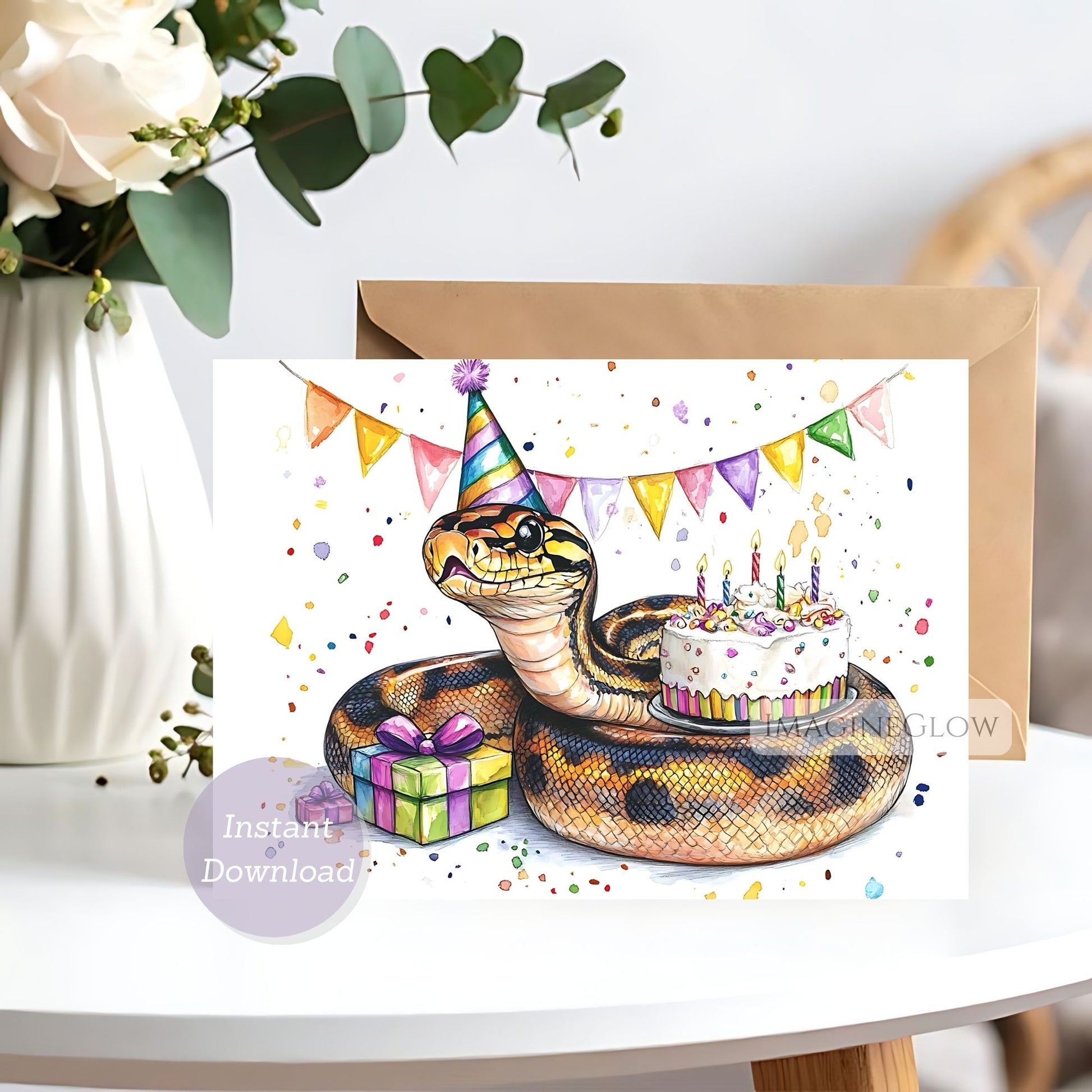Birthday card with a snake and cake illustration on a white background.