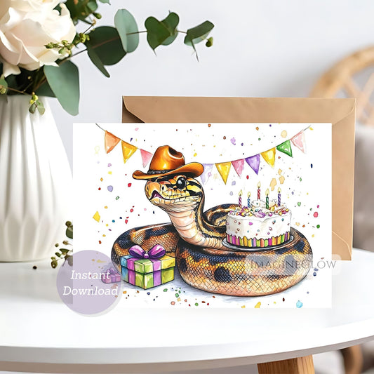 Greeting card with a snake wearing a hat, birthday cake, and presents on a white background.