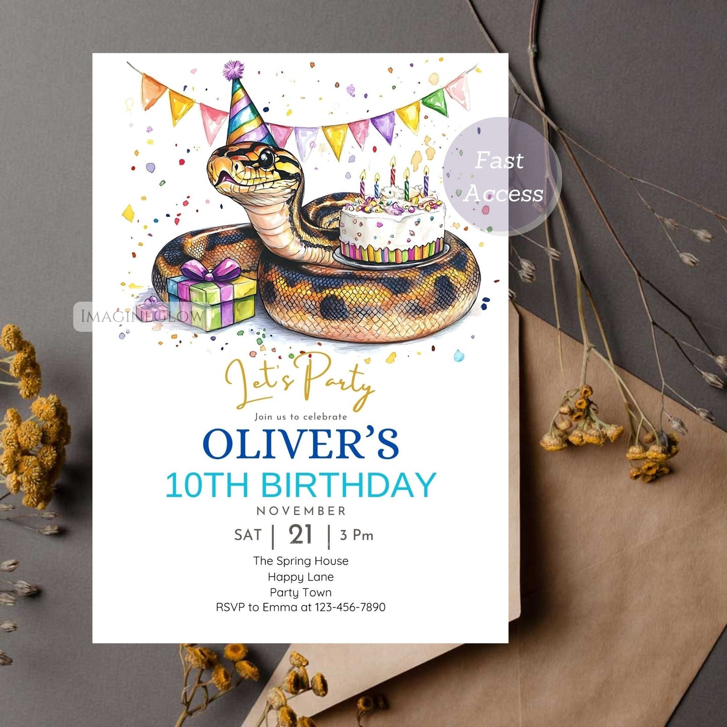 Snake-themed birthday invite with a cute ball python design.