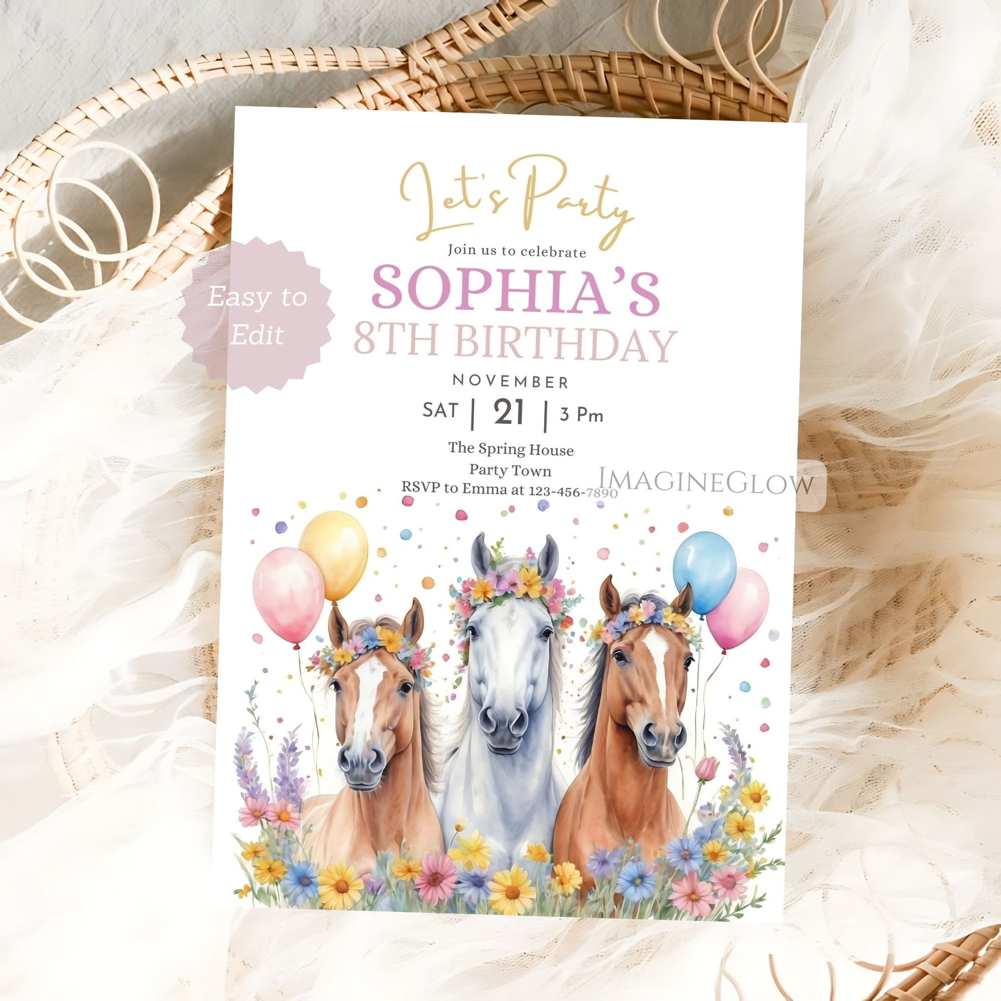 Birthday party invitation with horses and balloons
