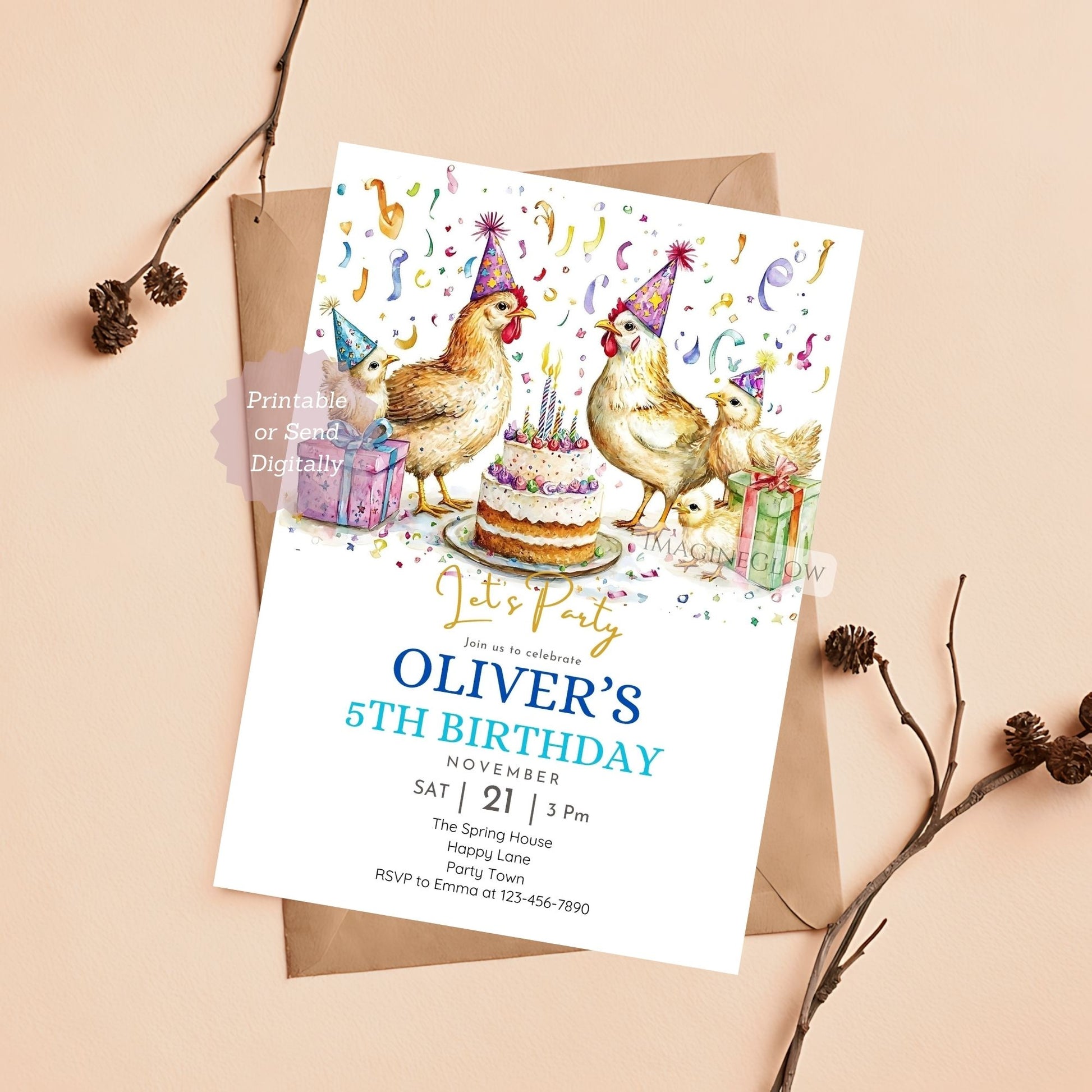 Chicken-themed birthday invitation for kids