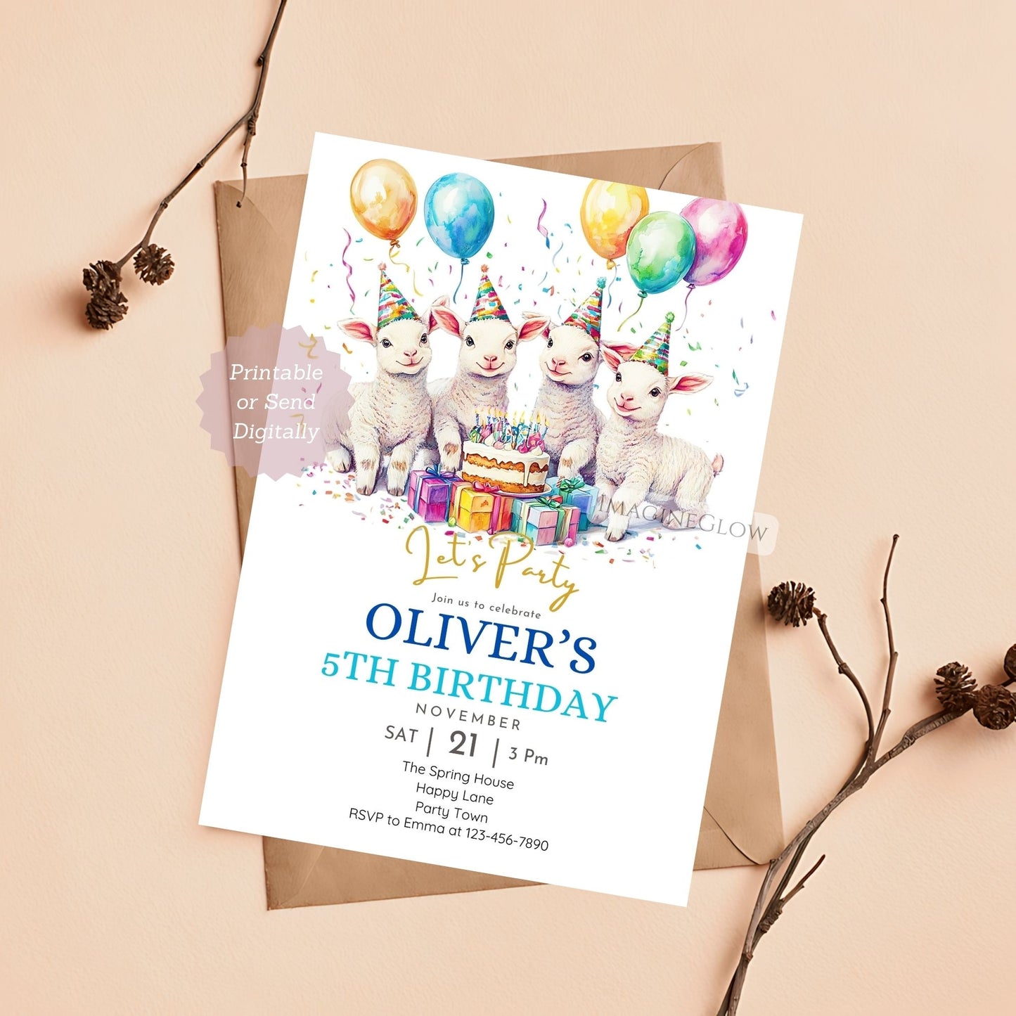 Lamb-themed birthday invitation for kids