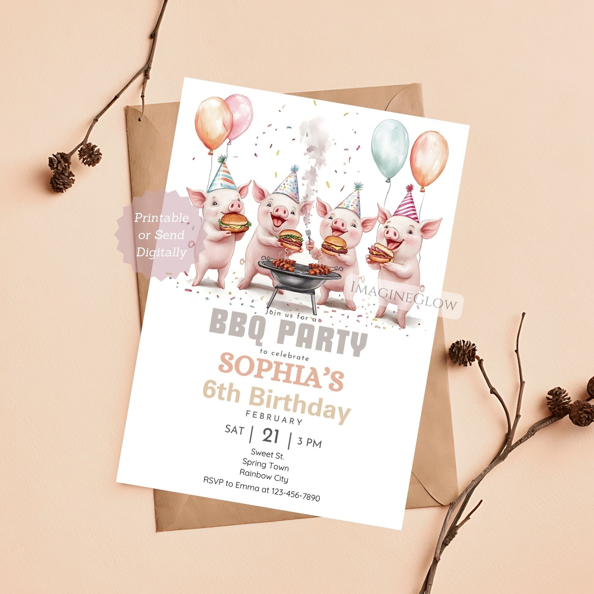 Cute piglet grilling food on a BBQ birthday invite.