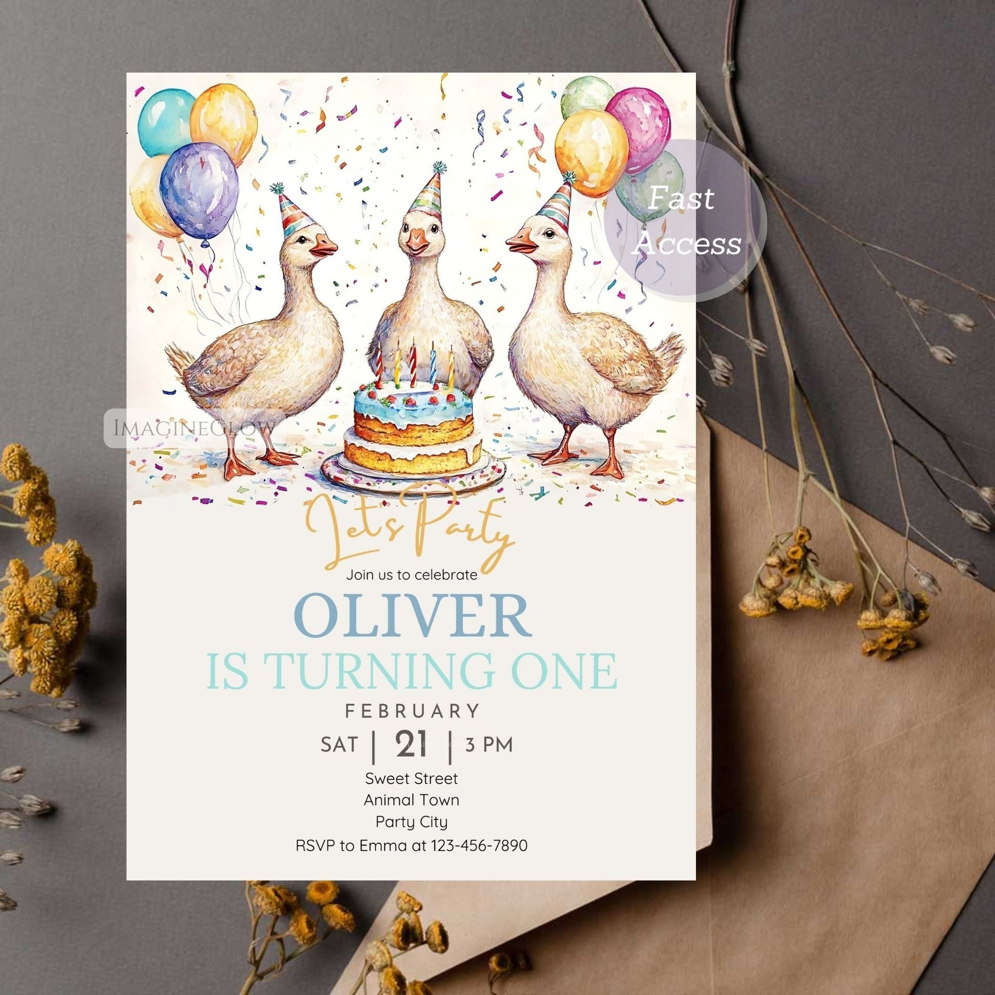 Cute and humorous goose birthday invitation.