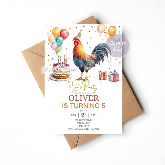 Rooster birthday invitation for kids
Farm animal party invite with rooster