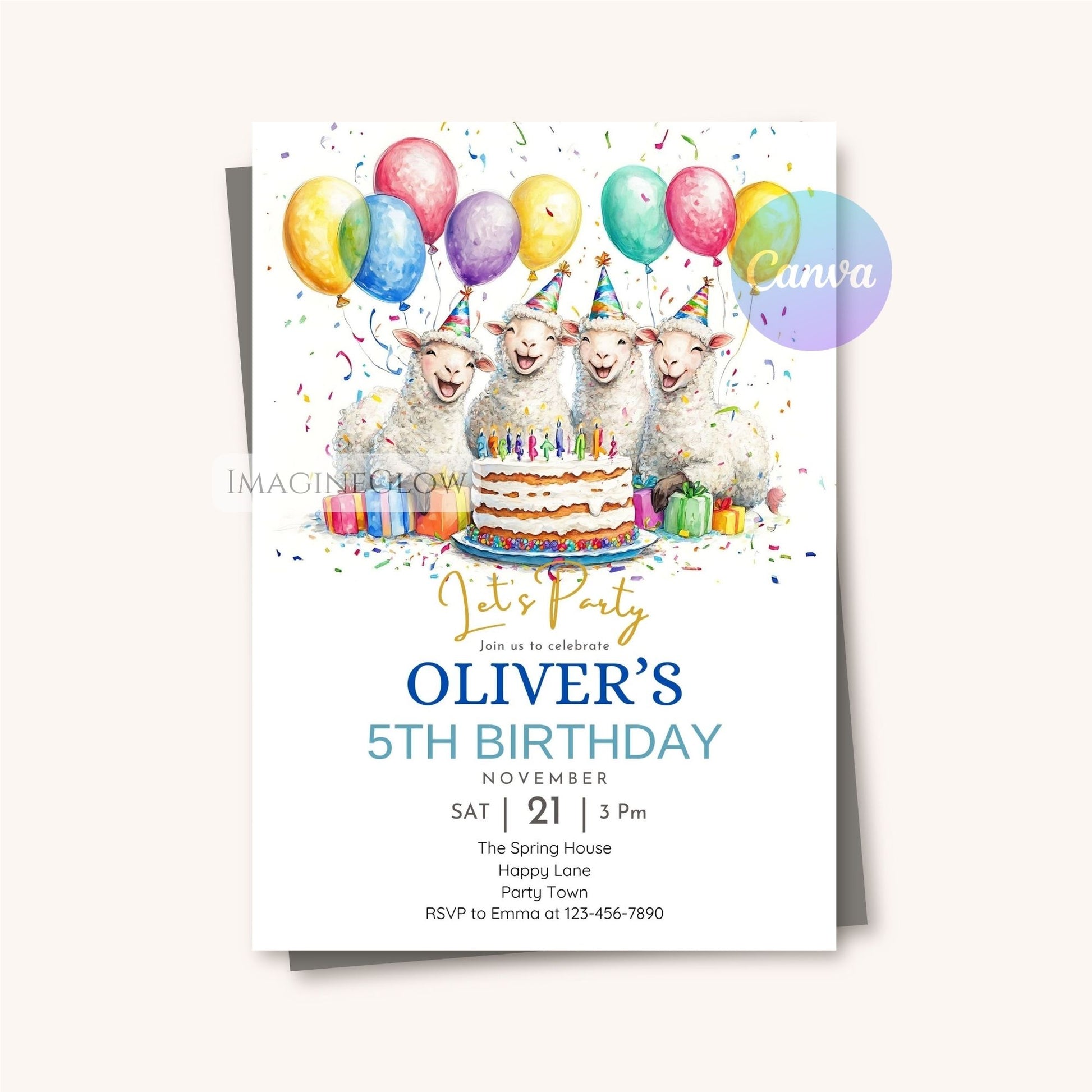 Editable sheep birthday card template
Rustic farm-themed sheep party invite