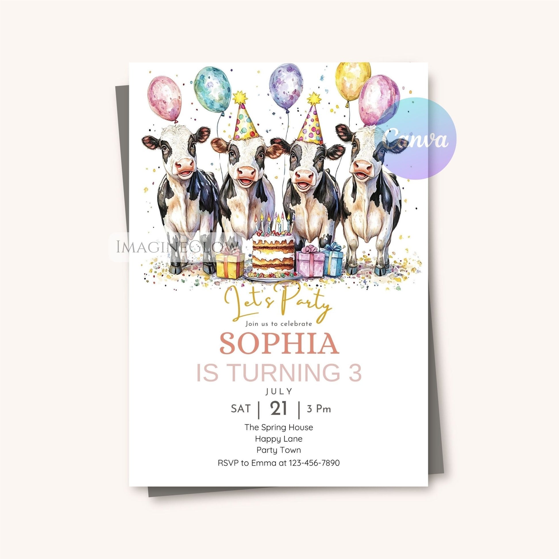 Farm animal birthday invitation with cute cow