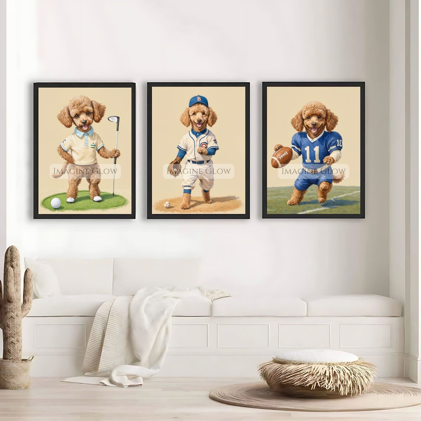 Vintage nursery sports prints with Poodle dog