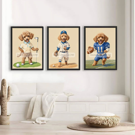 Vintage nursery sports prints with Poodle dog