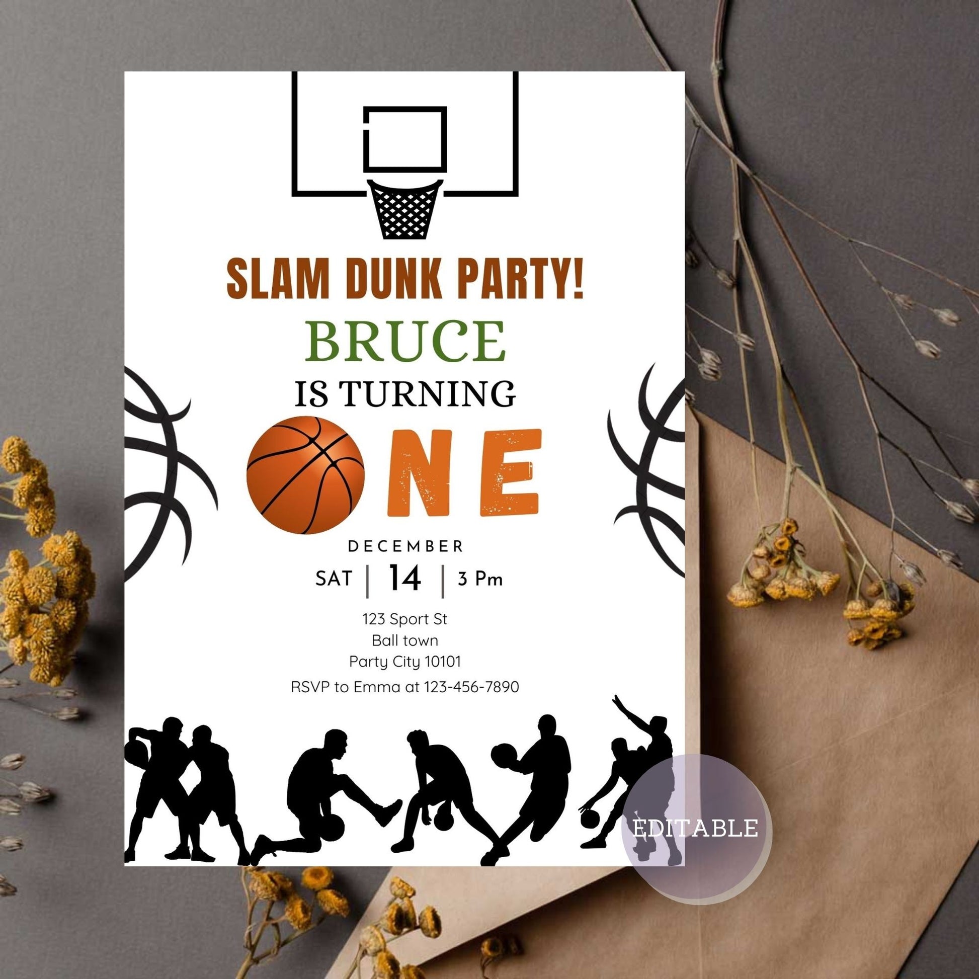 Basketball 1st birthday invitation for baby boy with sports theme.
