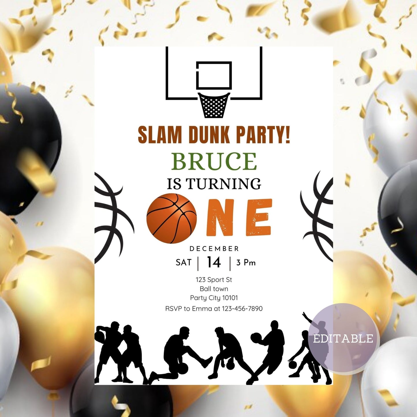 Editable sports-themed basketball birthday invitation for 1st birthday.