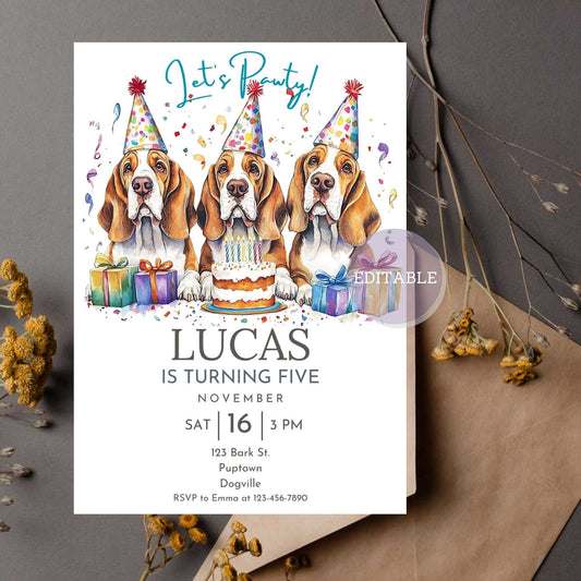 Basset Hound dog birthday invitation for pet lovers' parties.