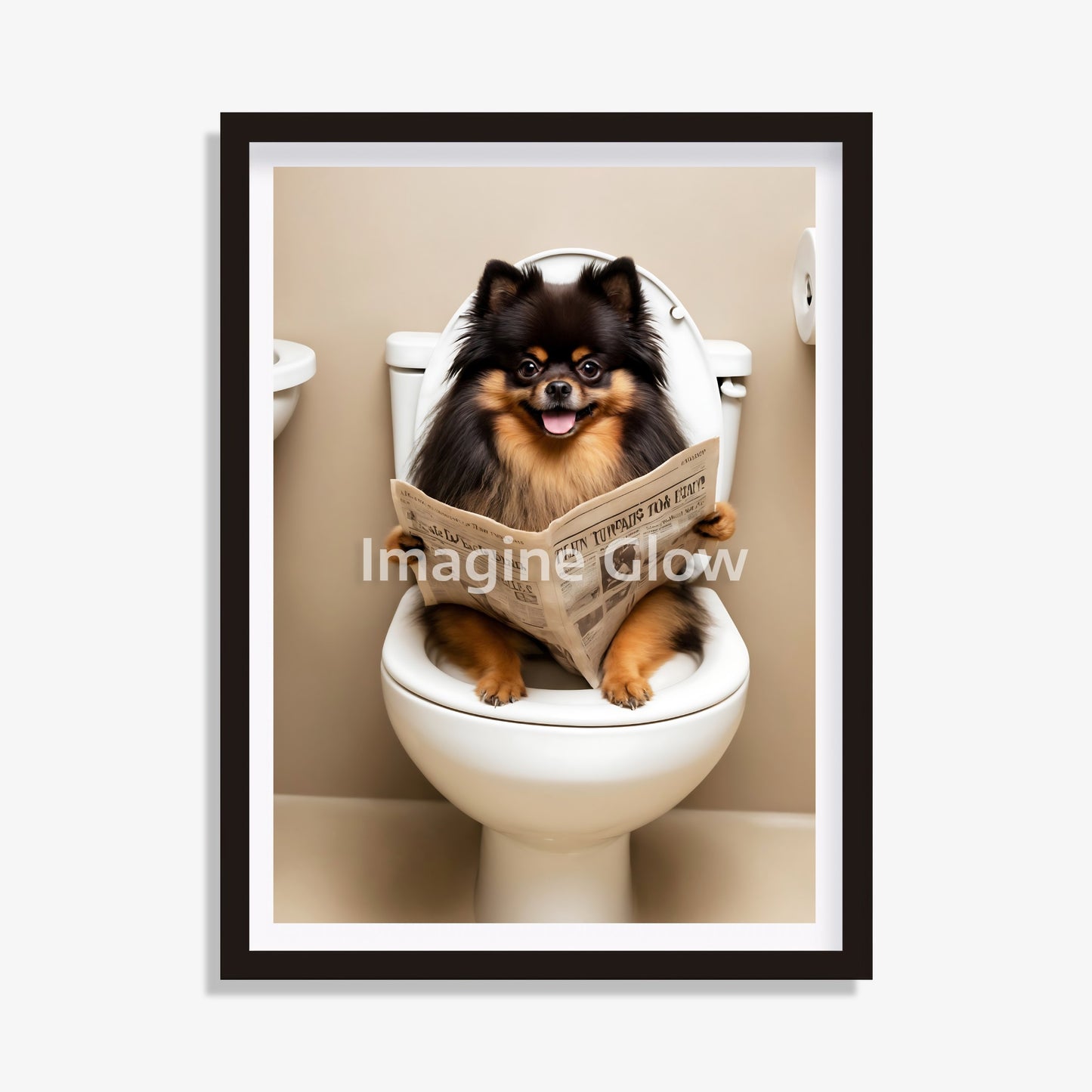 Bathroom scene with black and tan Pomeranian sitting in toilet
Funny digital art of black and tan Pomeranian in a toilet
