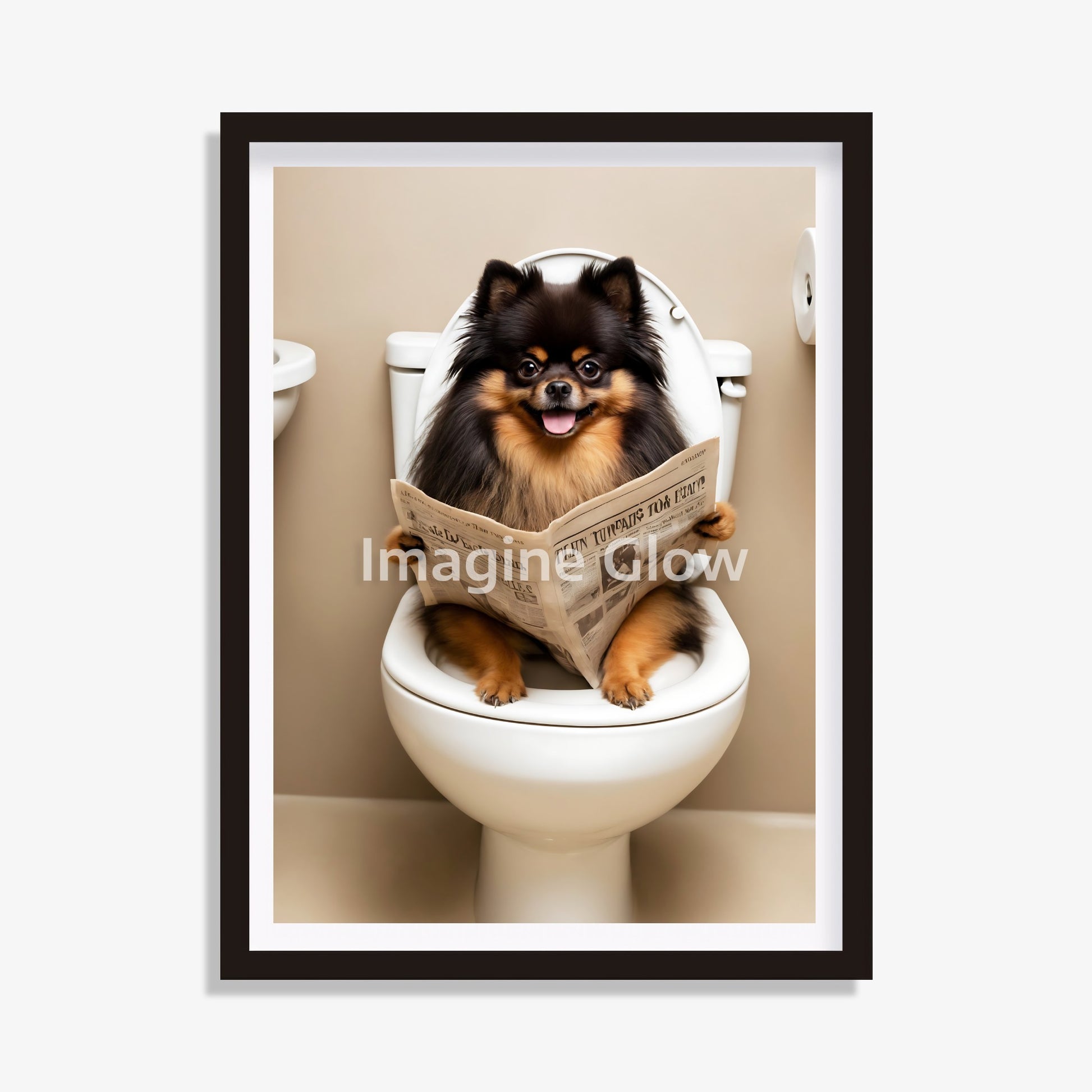 Bathroom scene with black and tan Pomeranian sitting in toilet
Funny digital art of black and tan Pomeranian in a toilet
