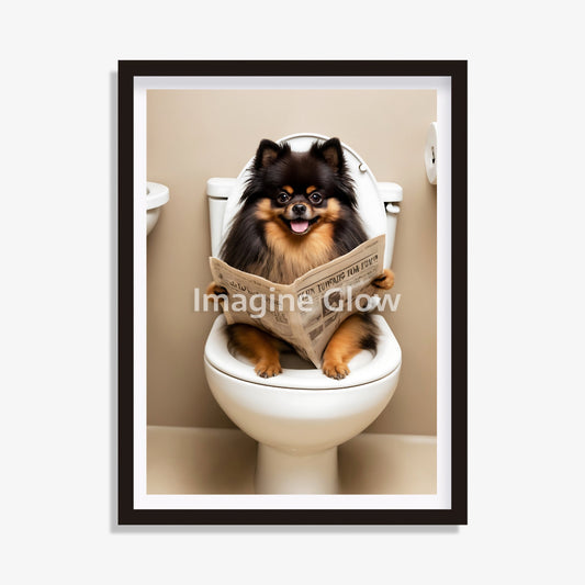 Bathroom scene with black and tan Pomeranian sitting in toilet
Funny digital art of black and tan Pomeranian in a toilet