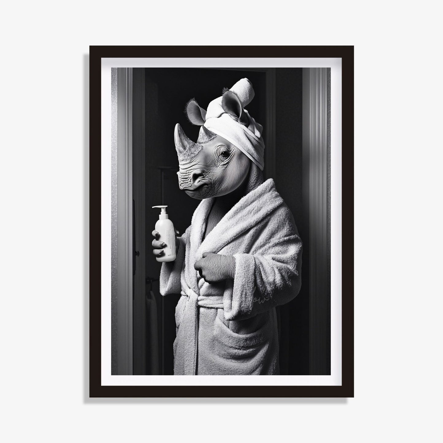 Unique black and white rhino art for modern bathroom spaces.