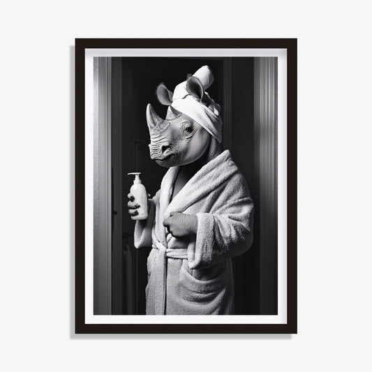 Unique black and white rhino art for modern bathroom spaces.