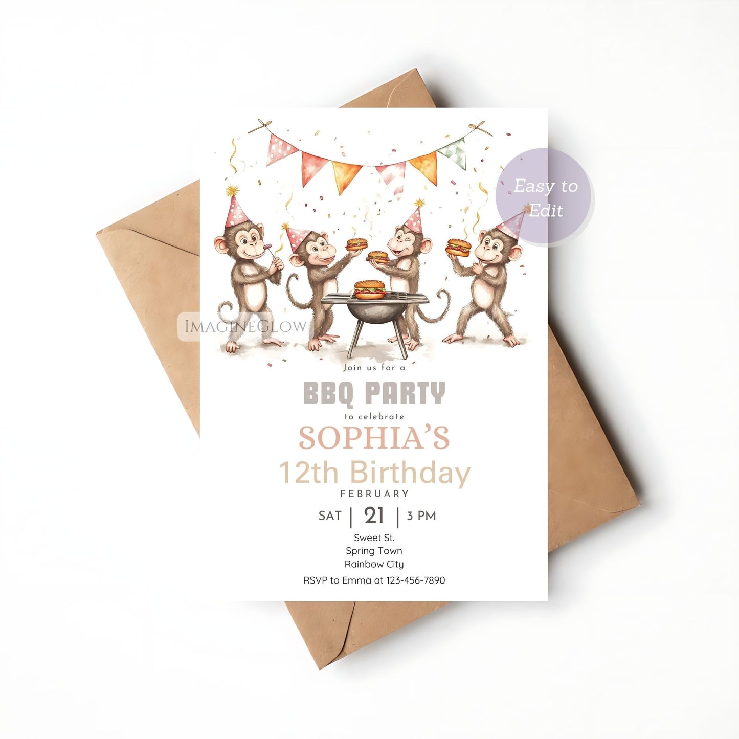 Monkey-themed birthday party invitation for a backyard BBQ