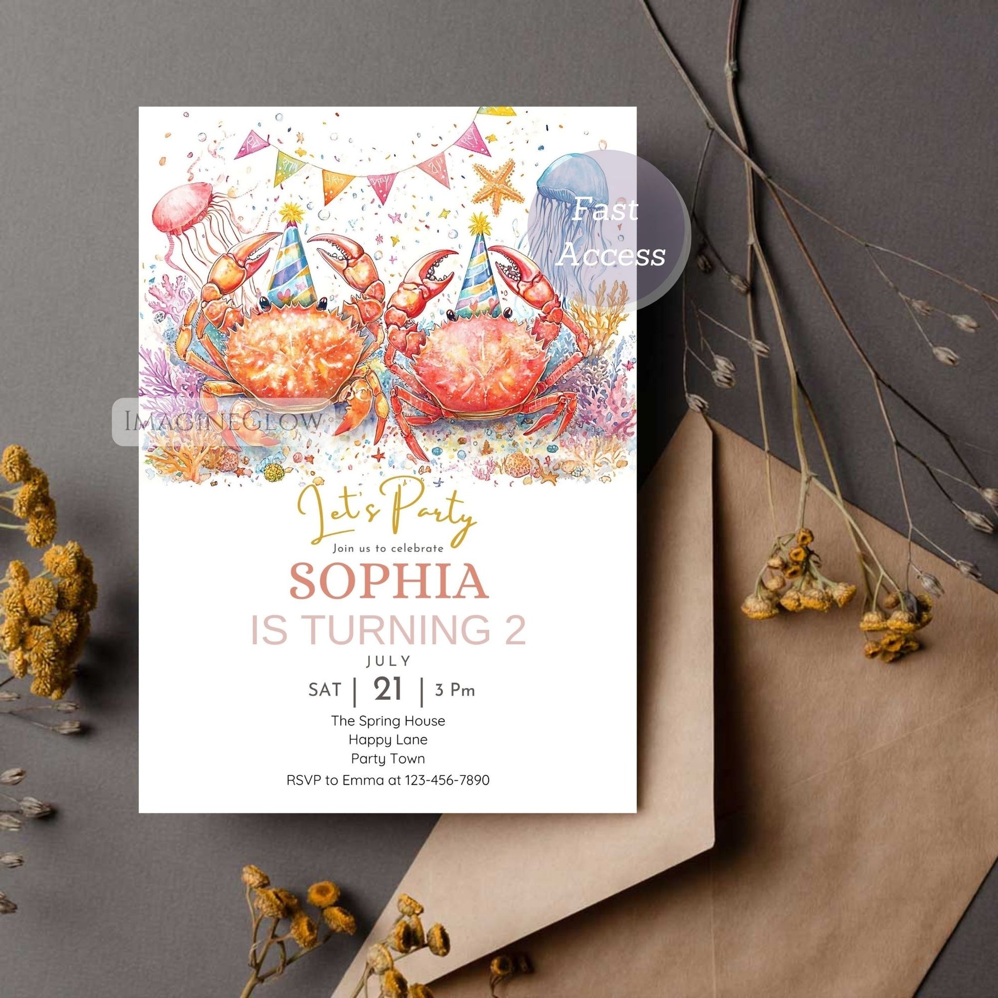 Cute crab beach party invitation editable
Summer crab birthday invitation for kids