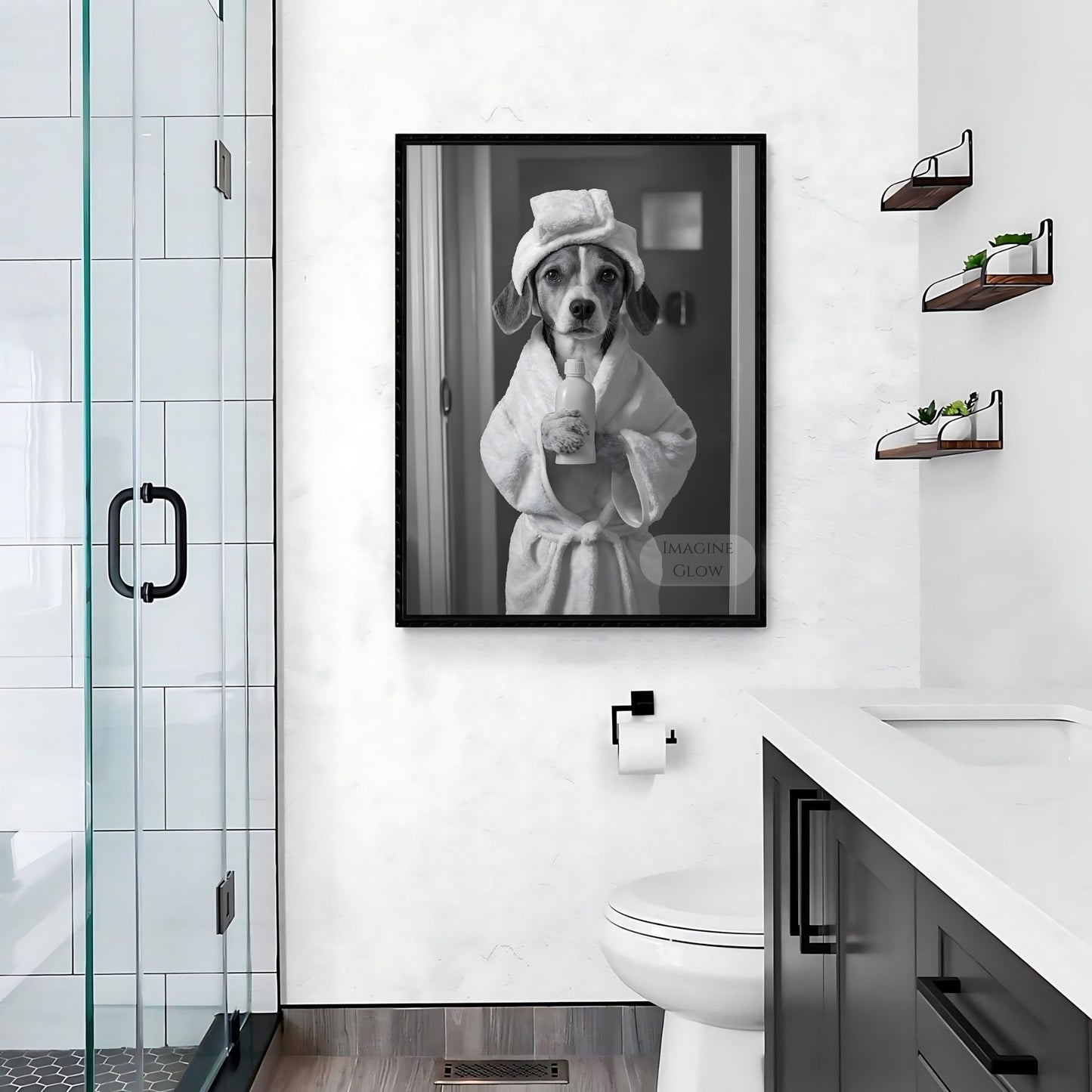 Animal bathroom print featuring a black and white Beagle