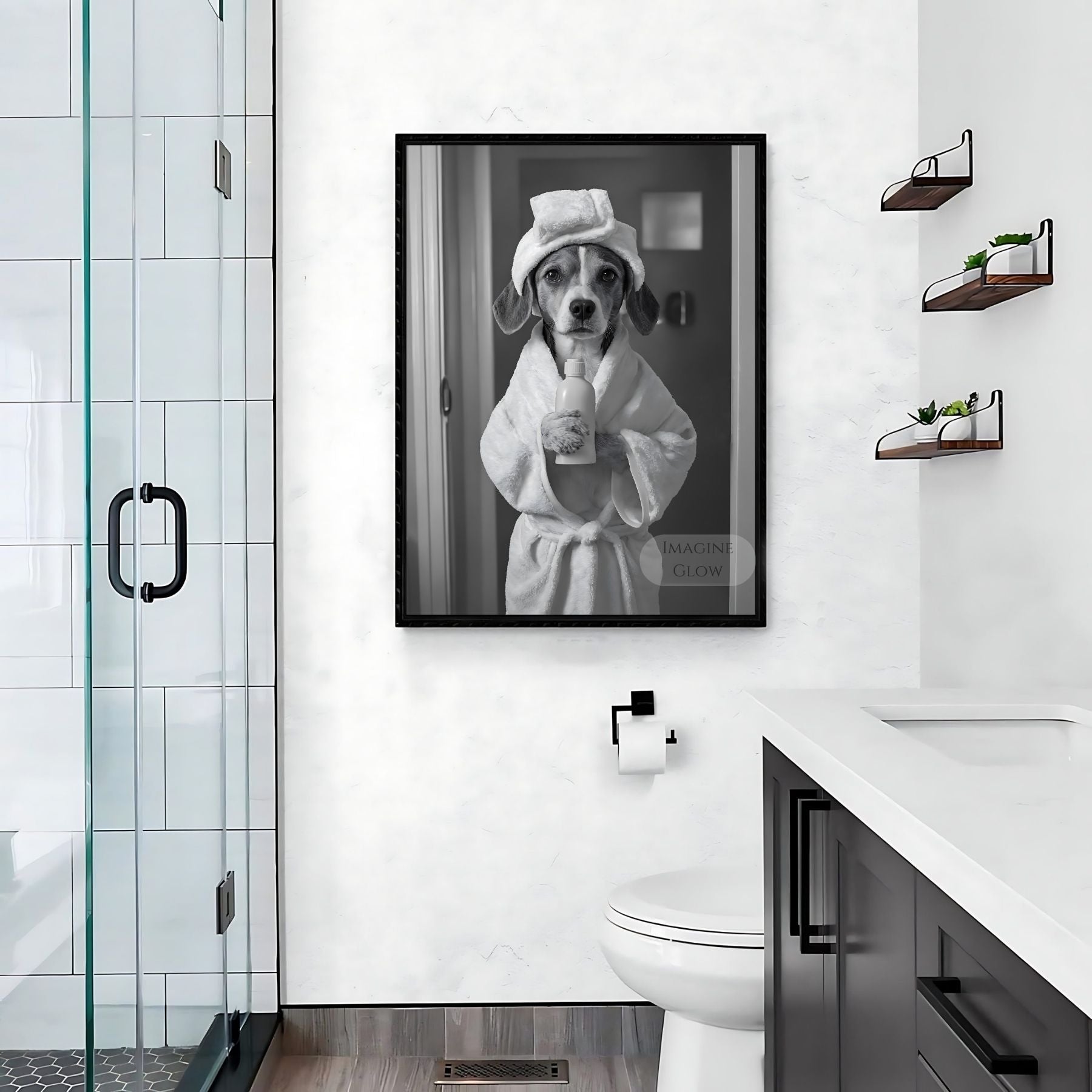 Animal bathroom print featuring a black and white Beagle