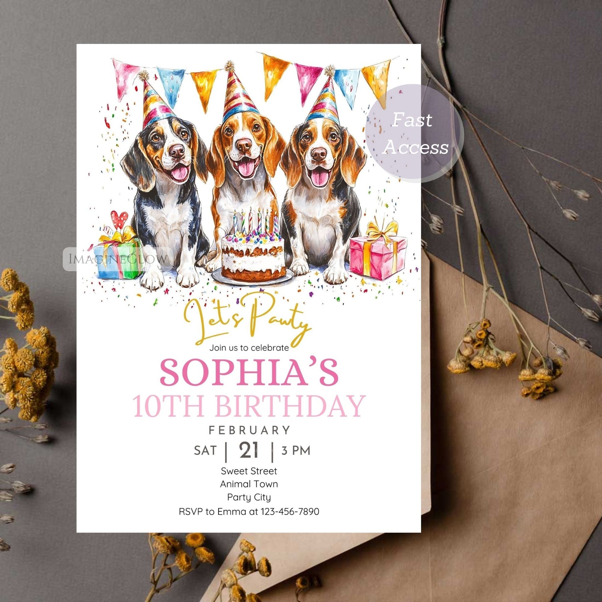 Fun Beagle kids' party invitation template.