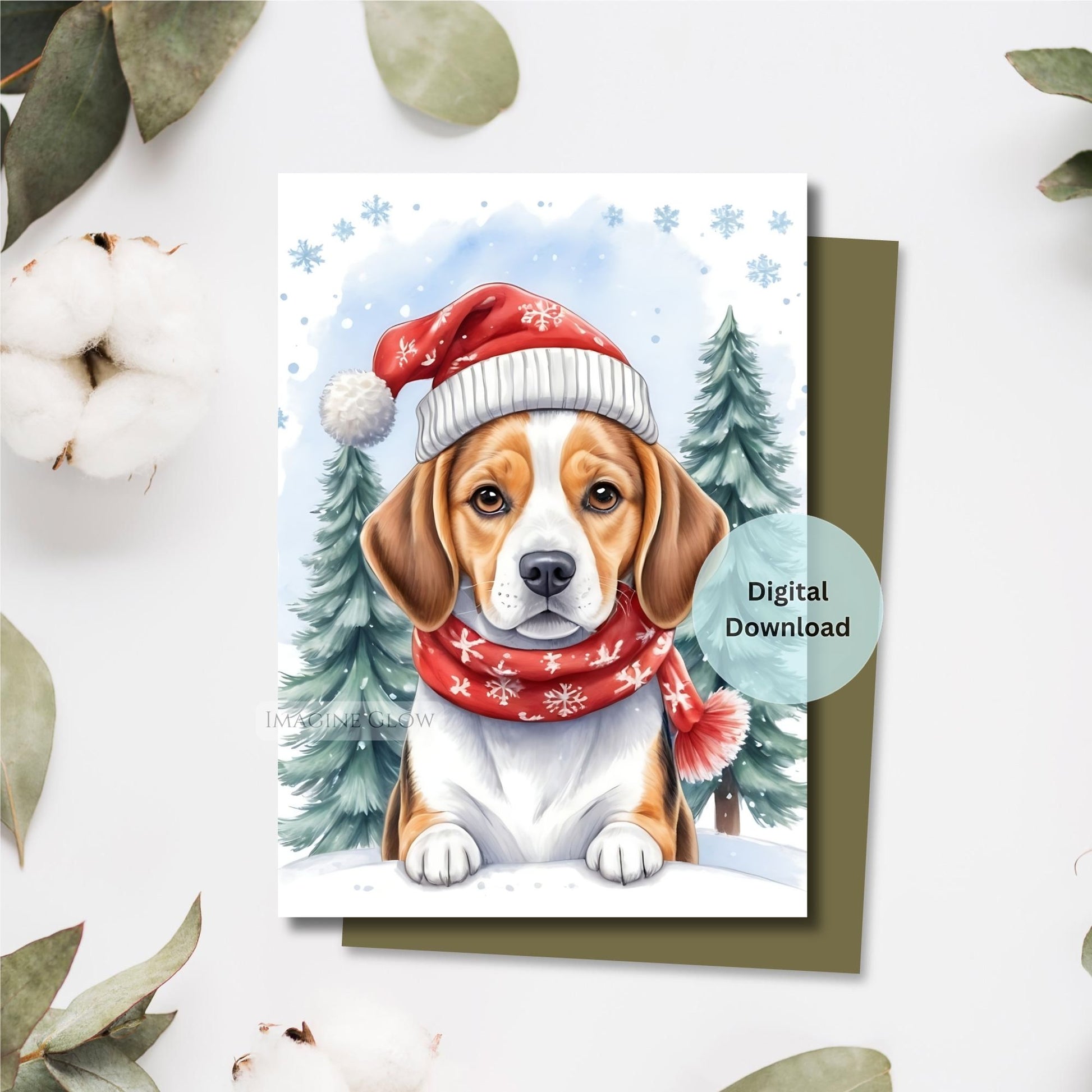 Christmas-themed greeting card with a dog wearing a Santa hat and scarf, surrounded by trees and cotton on a white background.