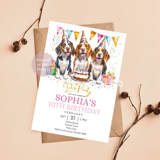 Beagle birthday invitation for kids' party.