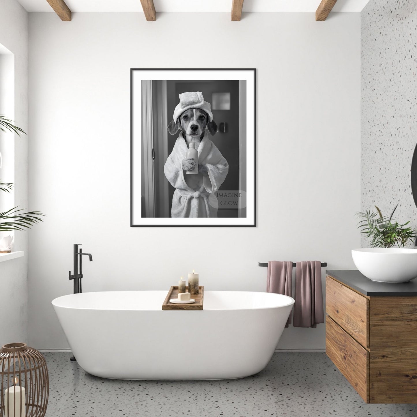 Restroom wall art with Beagle illustration in black and white
