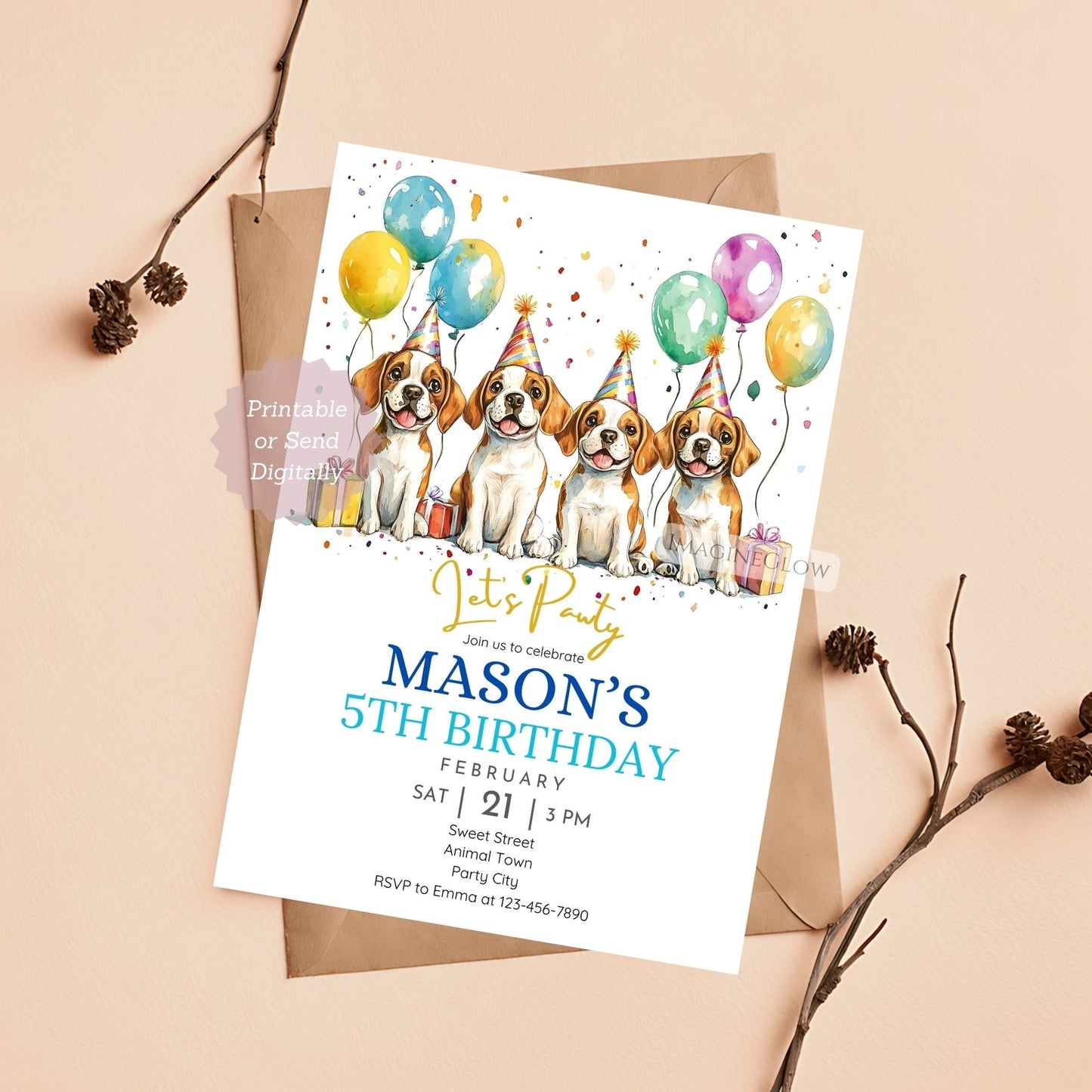 Editable Beagle puppy birthday invitation.