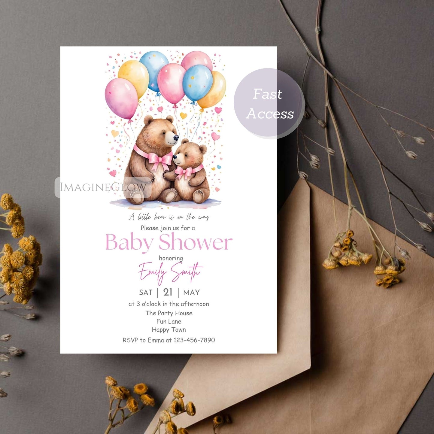 personalized bear baby girl invite