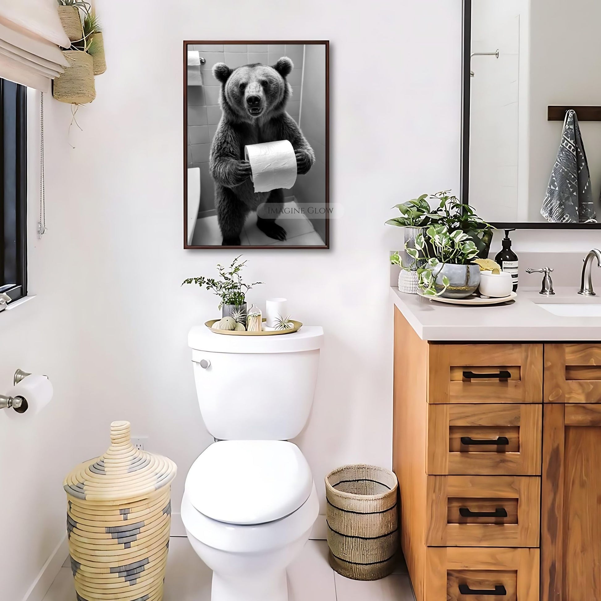 Animal holding toilet paper artwork for bathroom decoration.