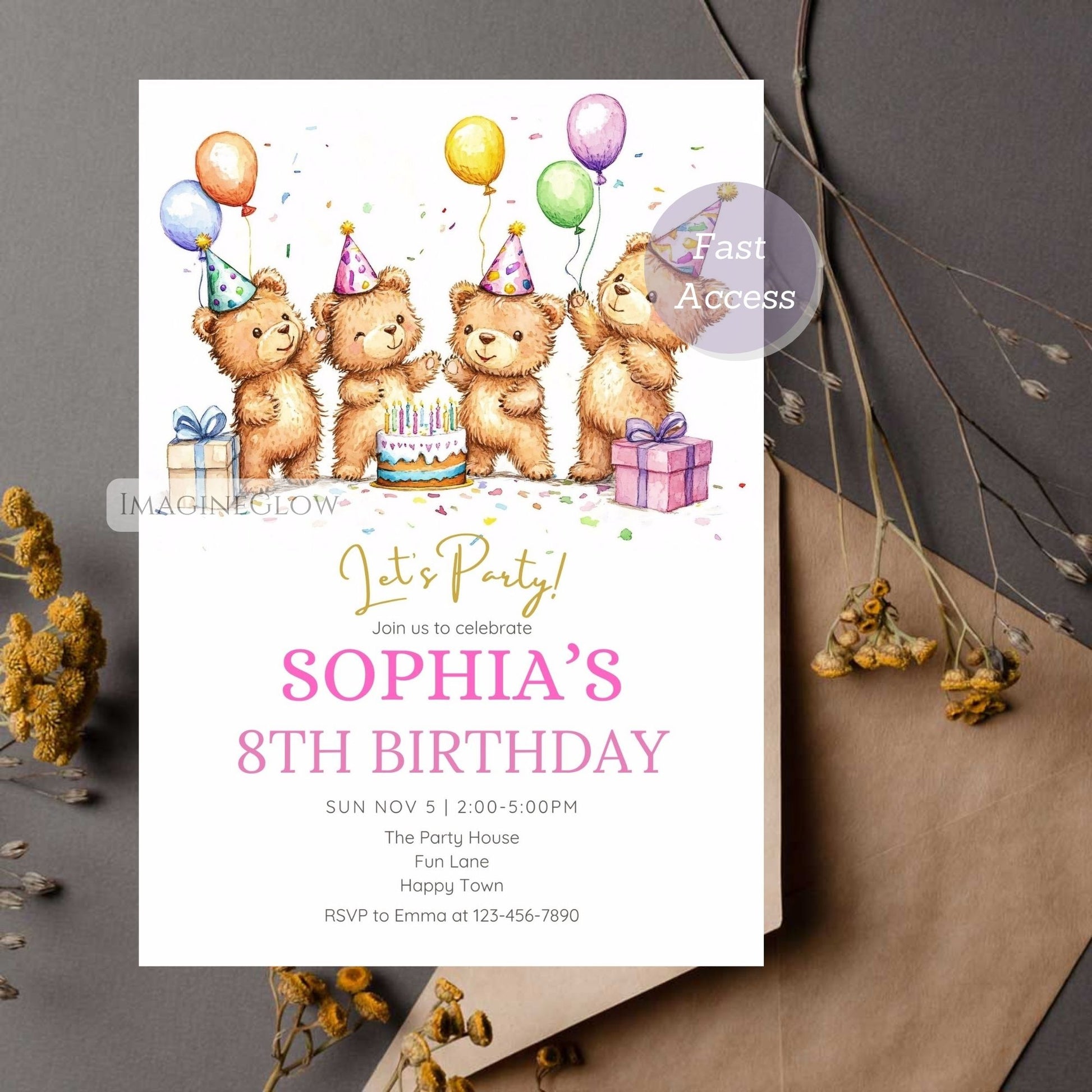 Bear-themed birthday invitation for kids party.