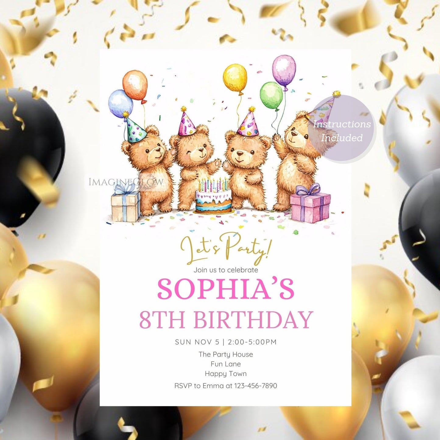 Printable bear birthday invite with cute design.