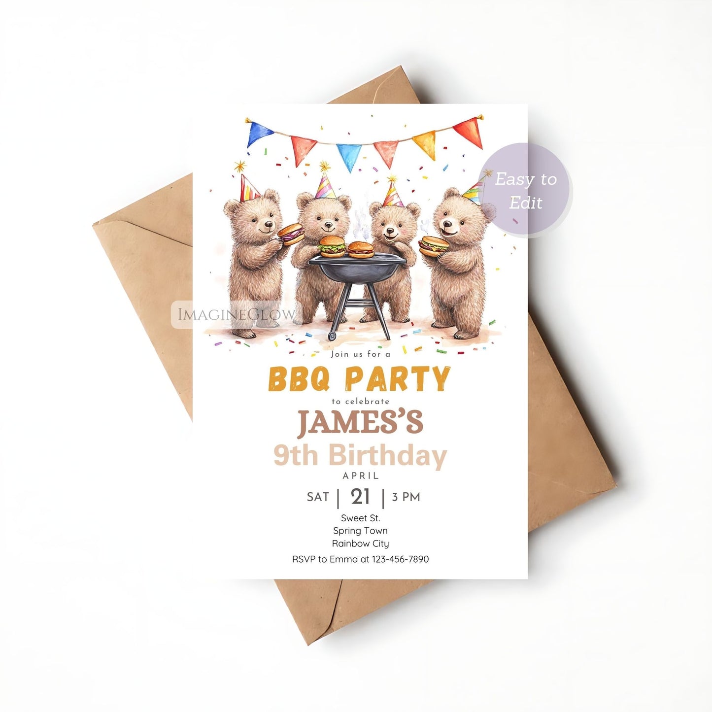 Digital BBQ birthday invitation with four bears